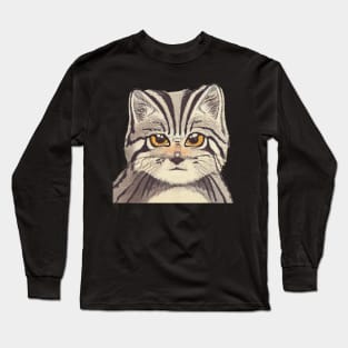 Cute Pallas Cat with Adorable Kitten Face in Vintage Manul Long Sleeve T-Shirt